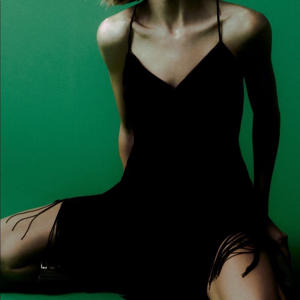 ZARA FRINGED SLIP DRESS BLACK - Picture 9 of 14